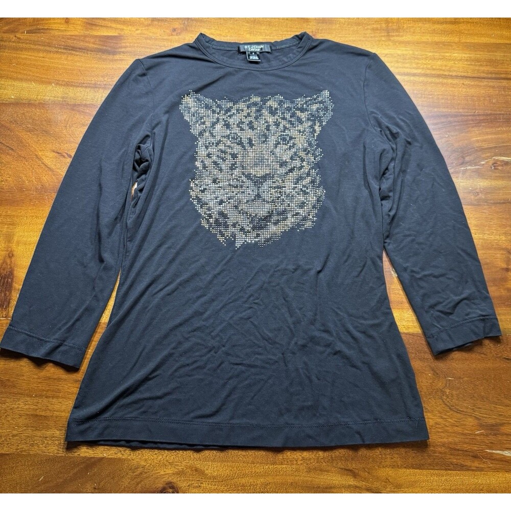 St. John Caviar Women Top Sz S Black Leopard Studded Embellished Motif 3/4 Tee